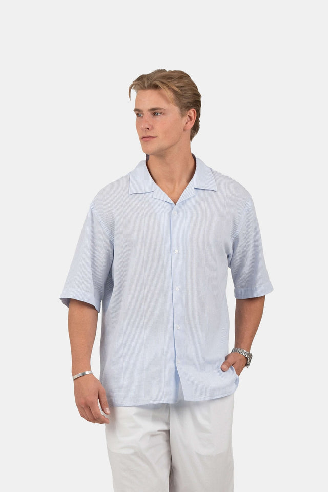 Kortærmet Hørskjorte Lyseblå Stribet | Skagen-clothing.dk