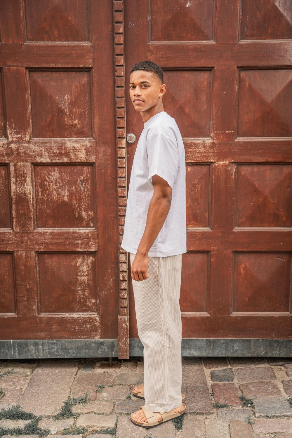 Baggy Hørbukser Beige stribet |  Skagen-clothing.dk