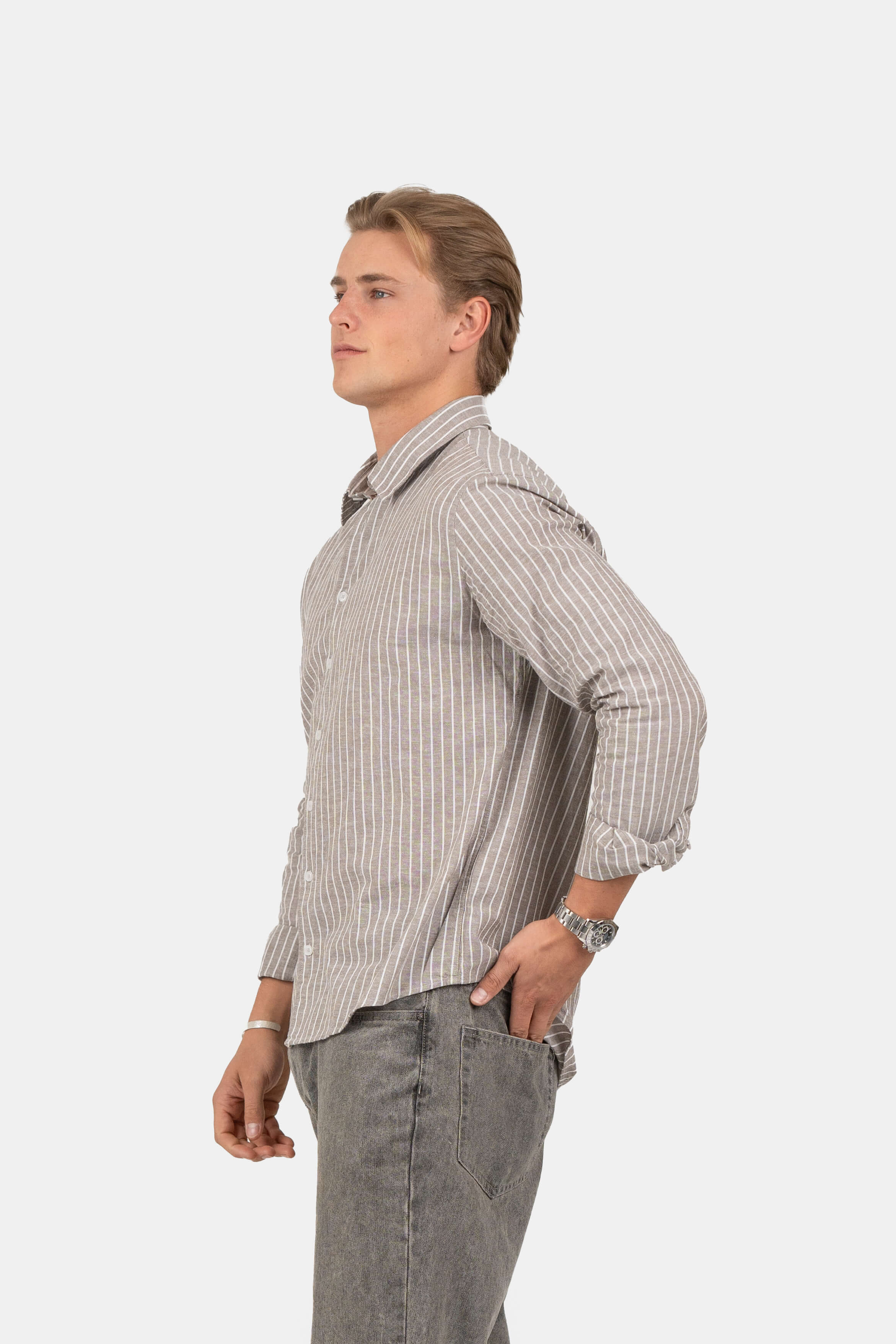 Langærmet Hørskjorte Mokka Stribet |  Skagen-clothing.dk