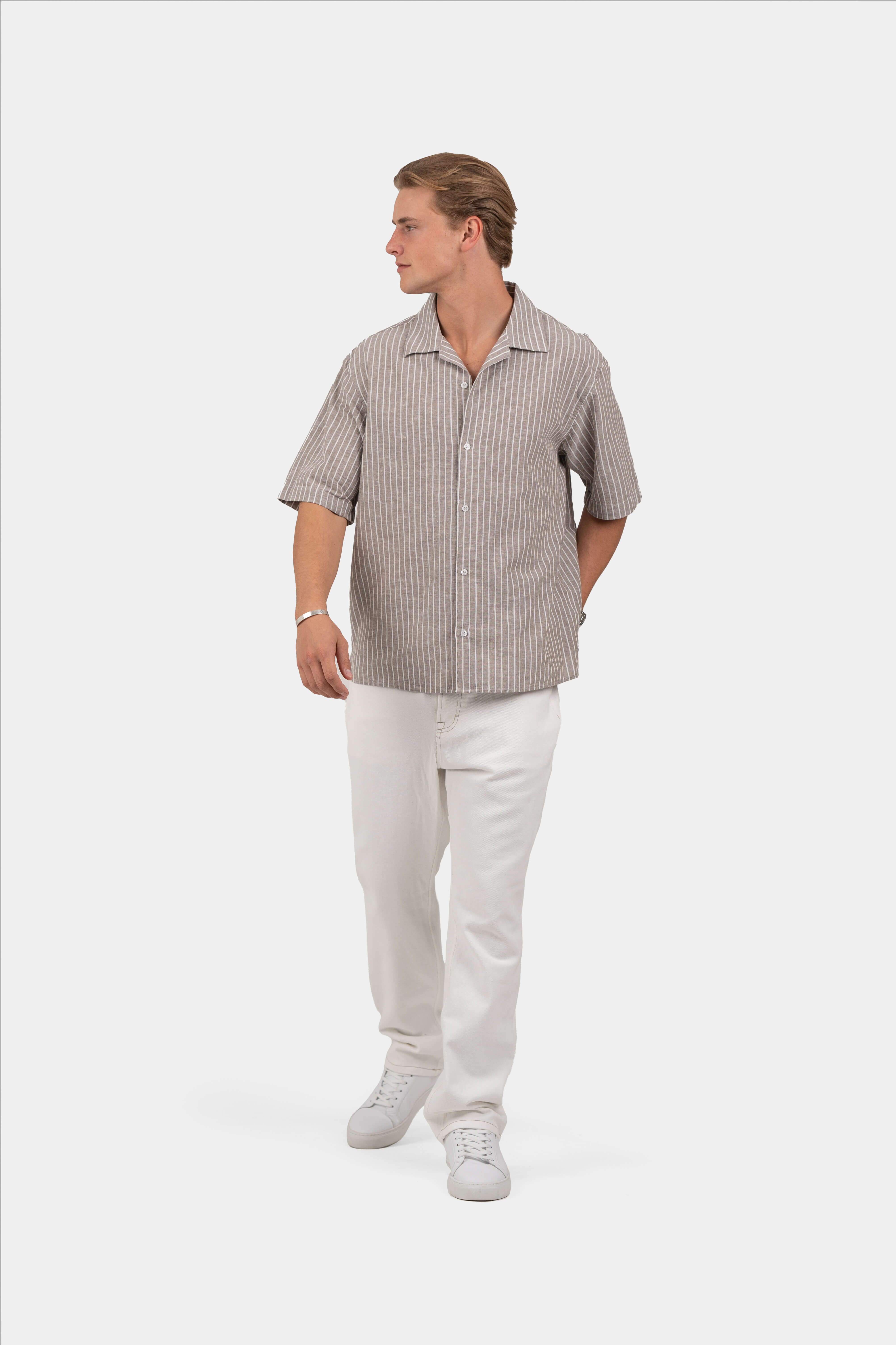Kortærmet Hørskjorte Mokka Stribet |  Skagen-clothing.dk