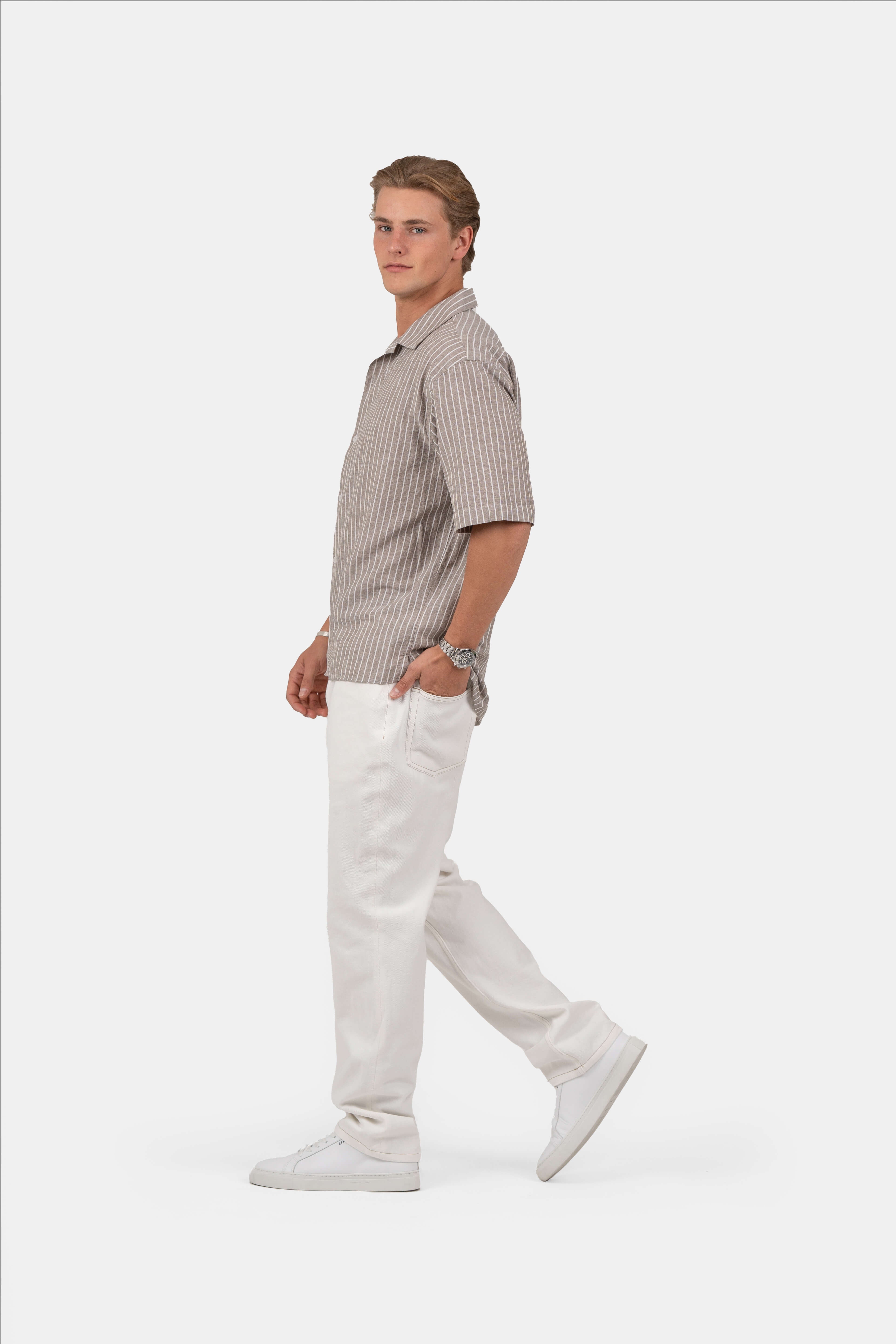 Kortærmet Hørskjorte Mokka Stribet |  Skagen-clothing.dk