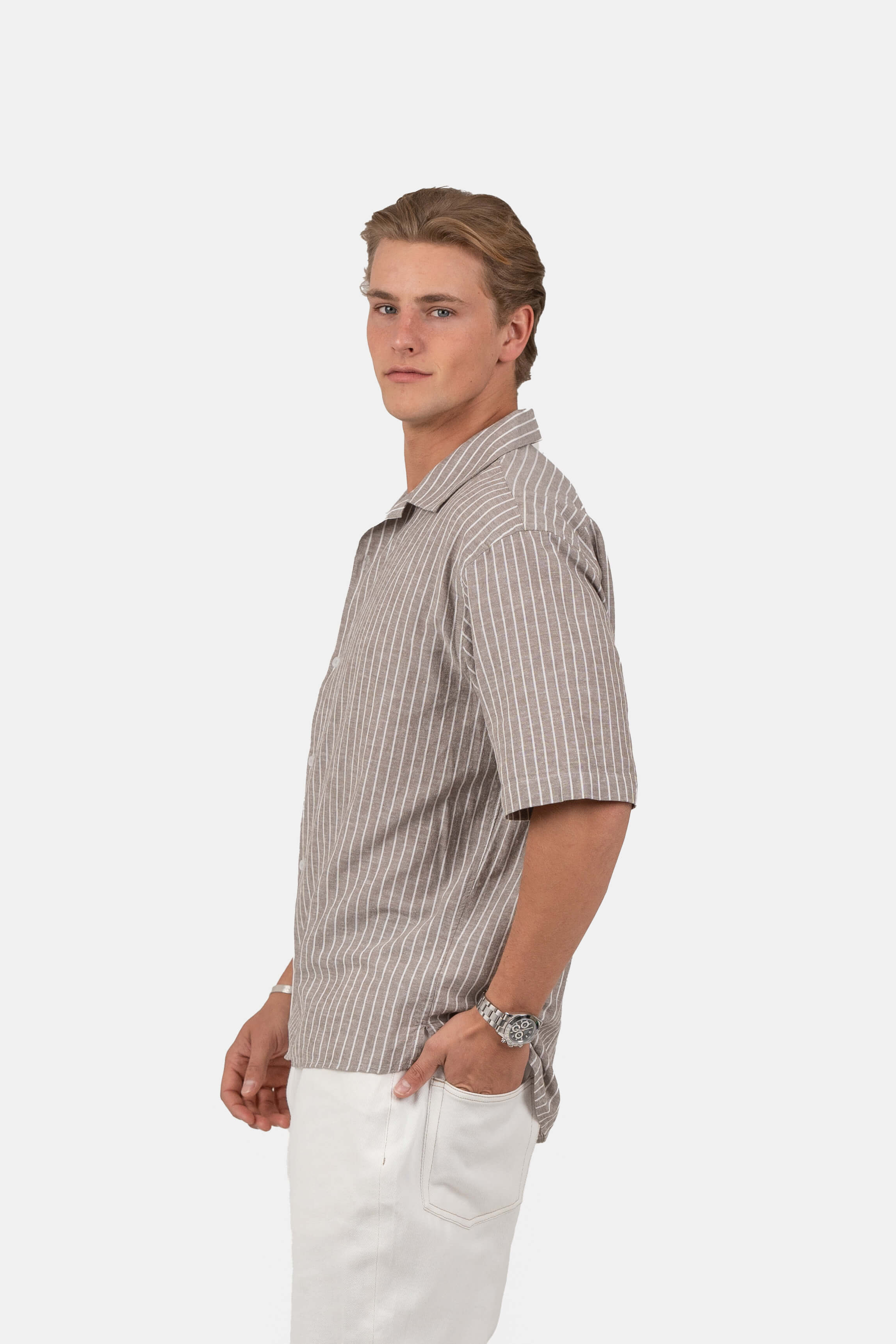 Kortærmet Hørskjorte Mokka Stribet |  Skagen-clothing.dk