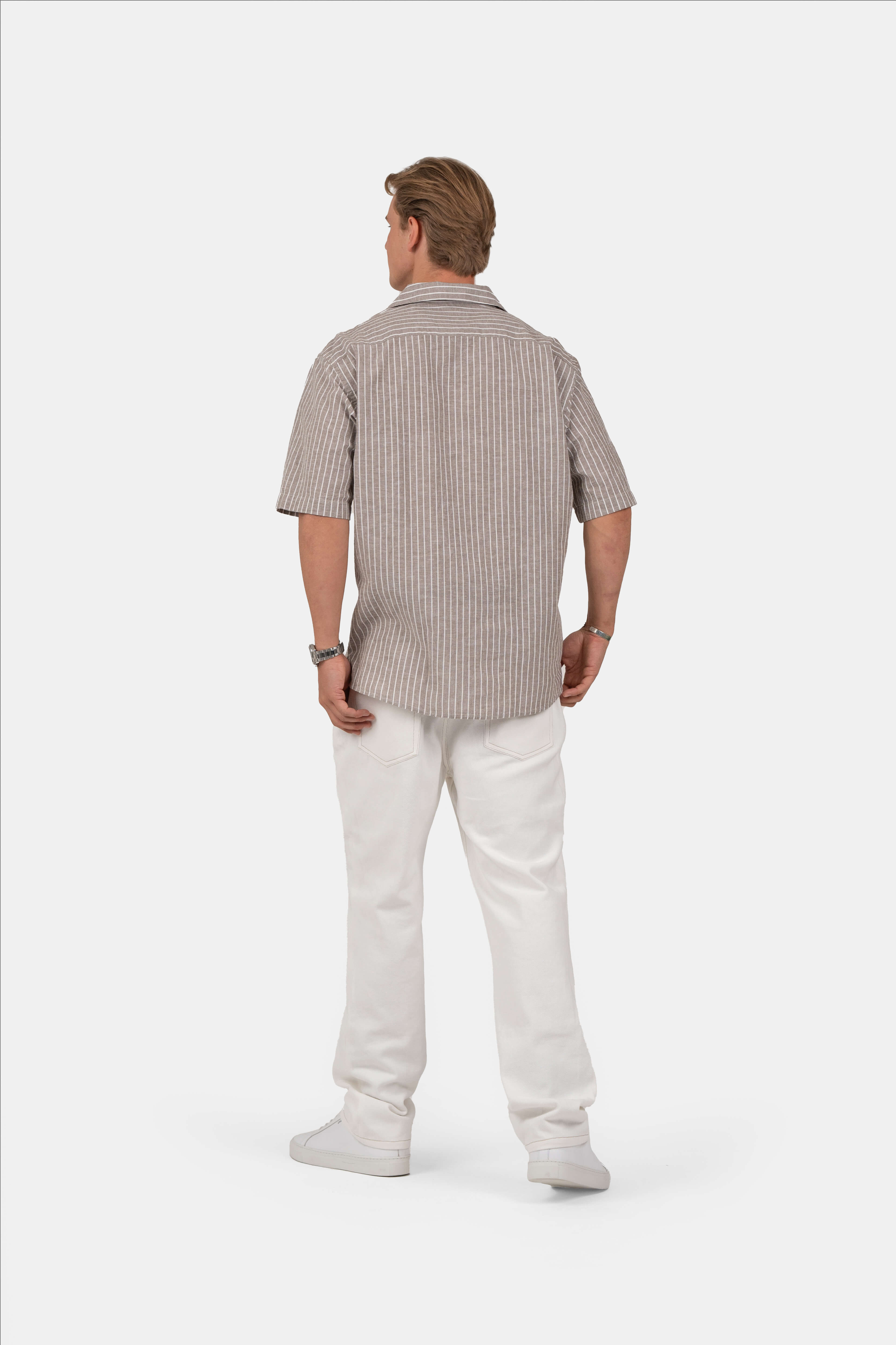 Kortærmet Hørskjorte Mokka Stribet |  Skagen-clothing.dk