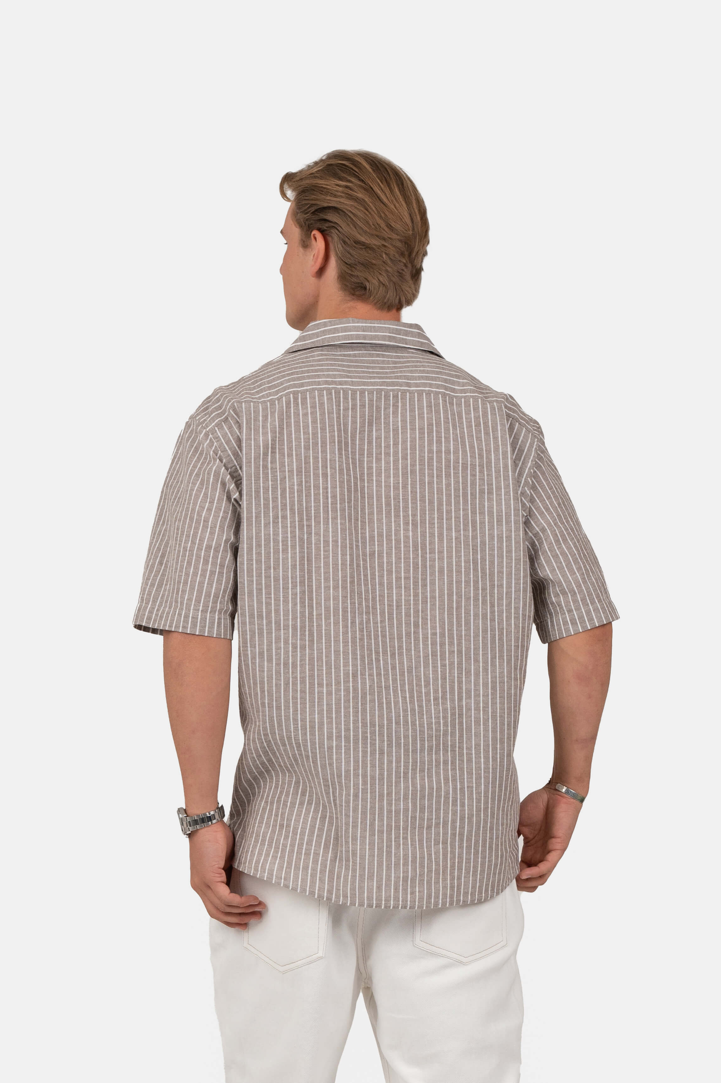 Kortærmet Hørskjorte Mokka Stribet |  Skagen-clothing.dk