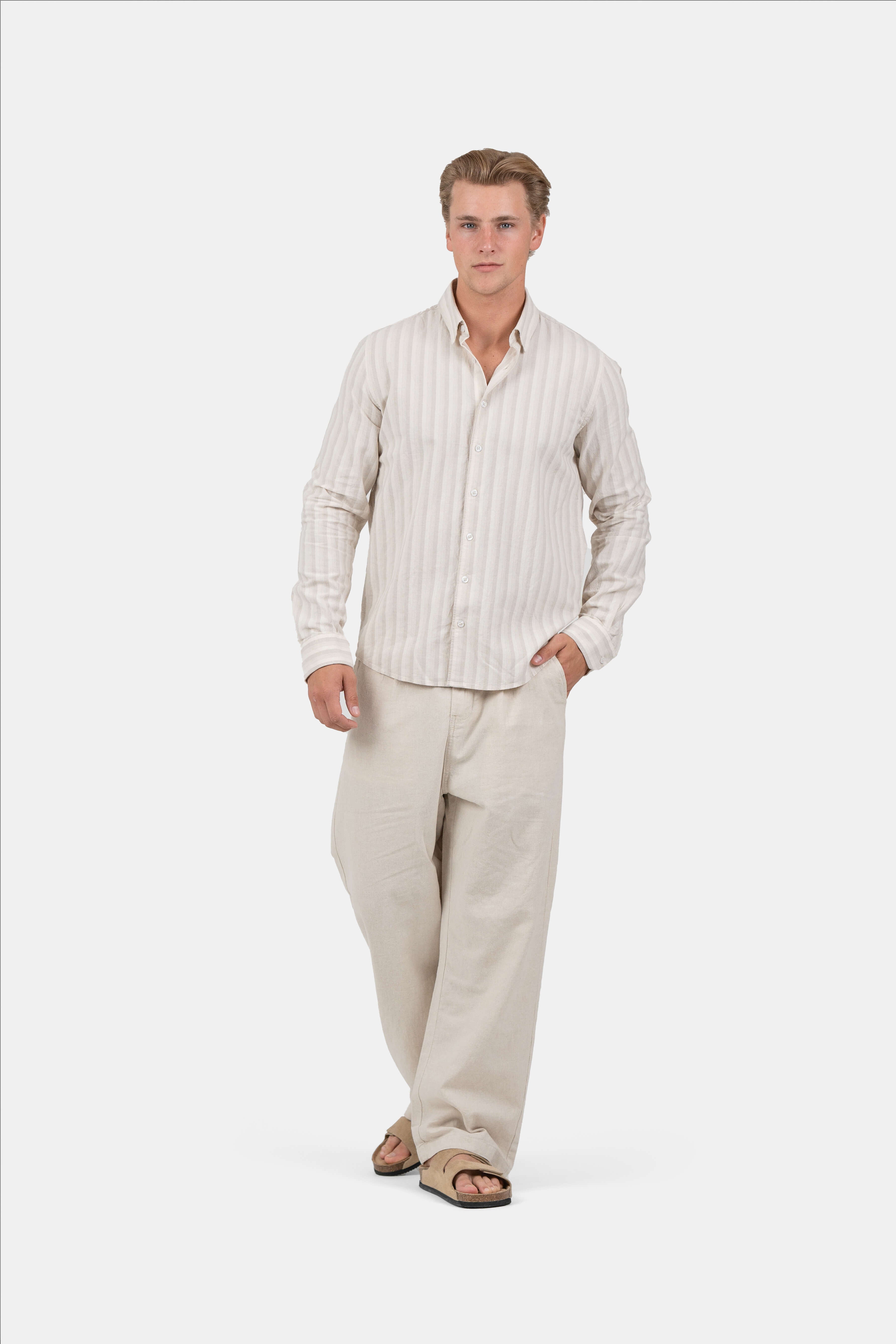 Langærmet Hørskjorte Beige Stribet |  Skagen-clothing.dk