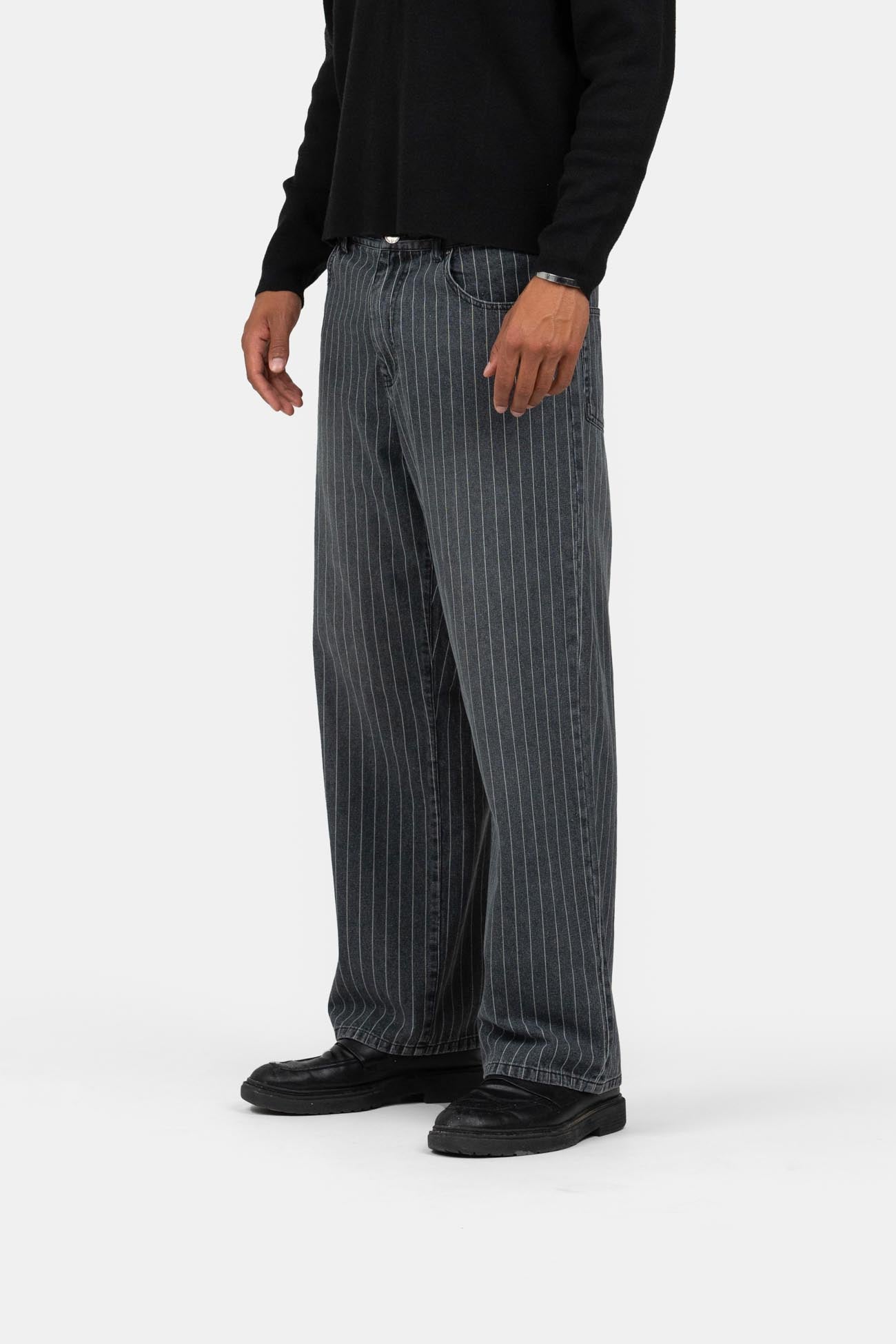 Baggy Denim Jeans Washed Pinstripe