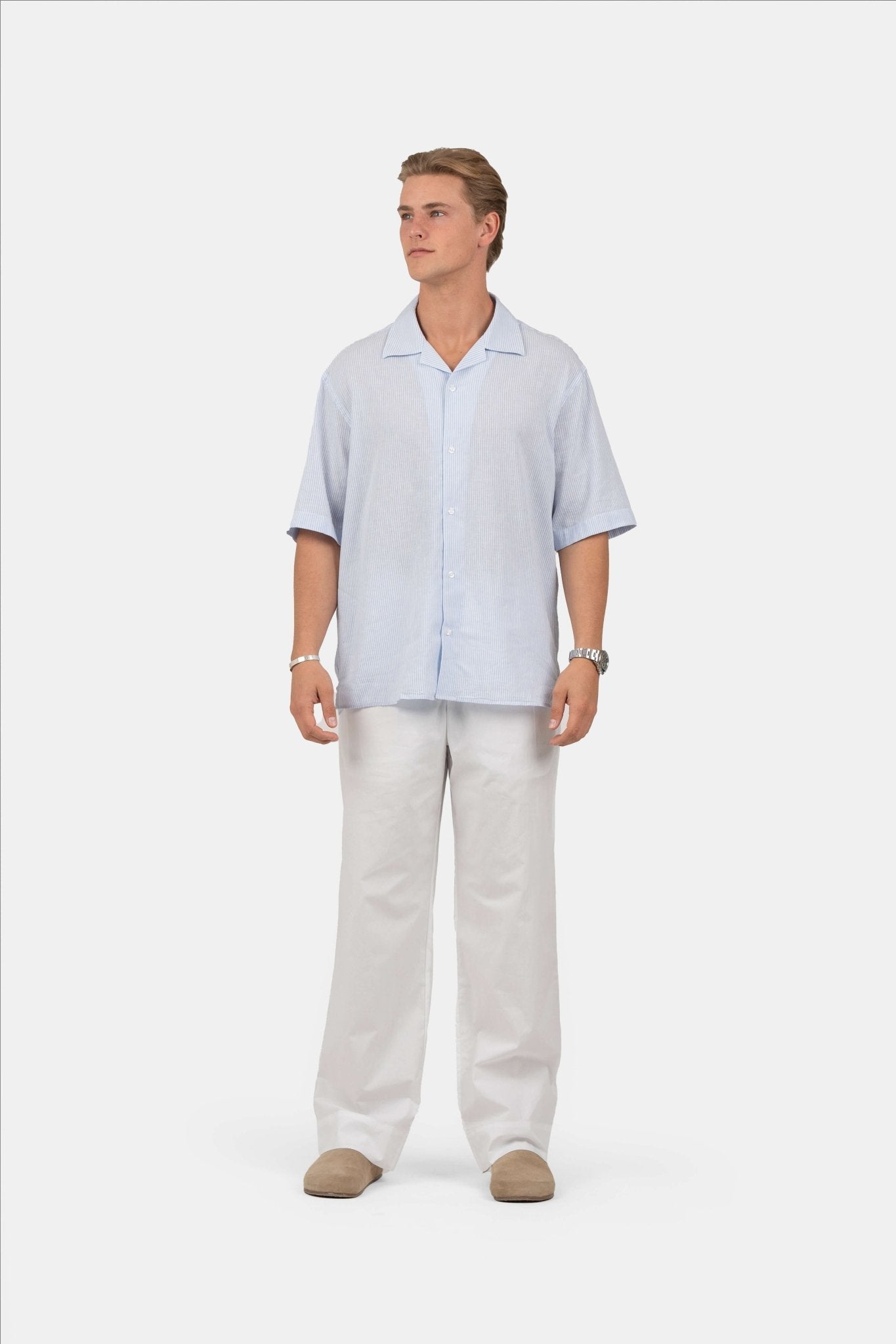 Kortærmet Hørskjorte Lyseblå Stribet |  Skagen-clothing.dk