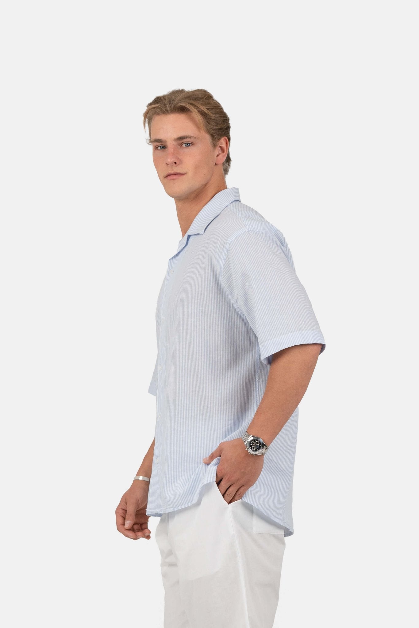 Kortærmet Hørskjorte Lyseblå Stribet |  Skagen-clothing.dk