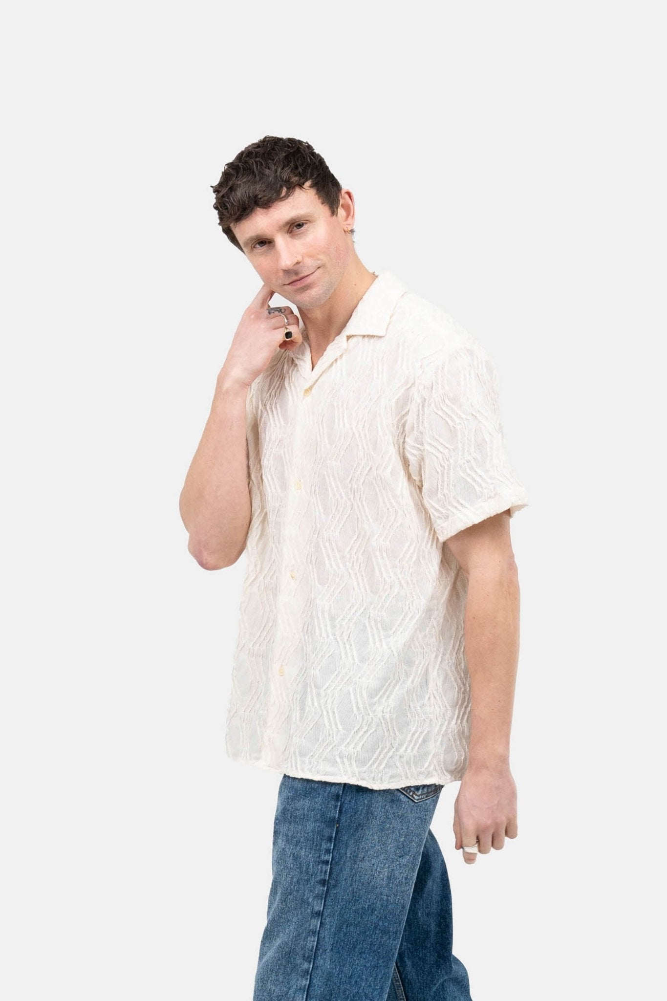 Kortærmet Jacquard Skjorte Cremehvid |  Skagen-clothing.dk
