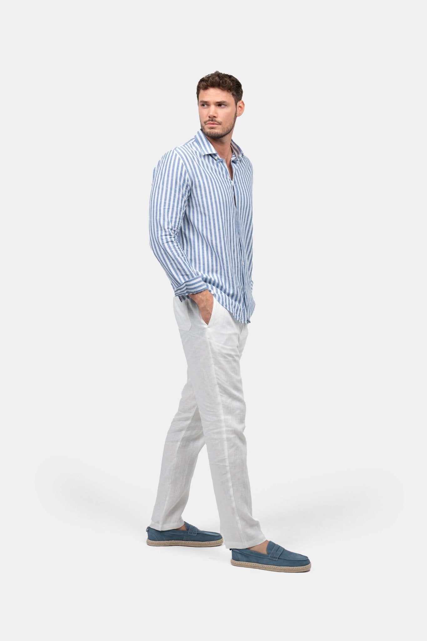 Langærmet Hørskjorte Blå Stribet |  Skagen-clothing.dk
