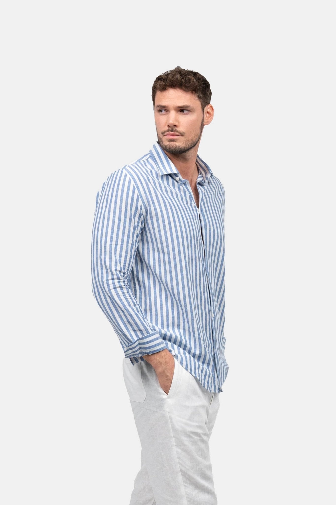 Langærmet Hørskjorte Blå Stribet |  Skagen-clothing.dk