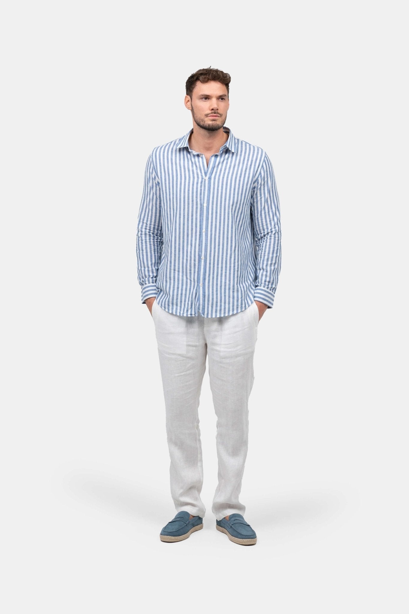Langærmet Hørskjorte Blå Stribet |  Skagen-clothing.dk