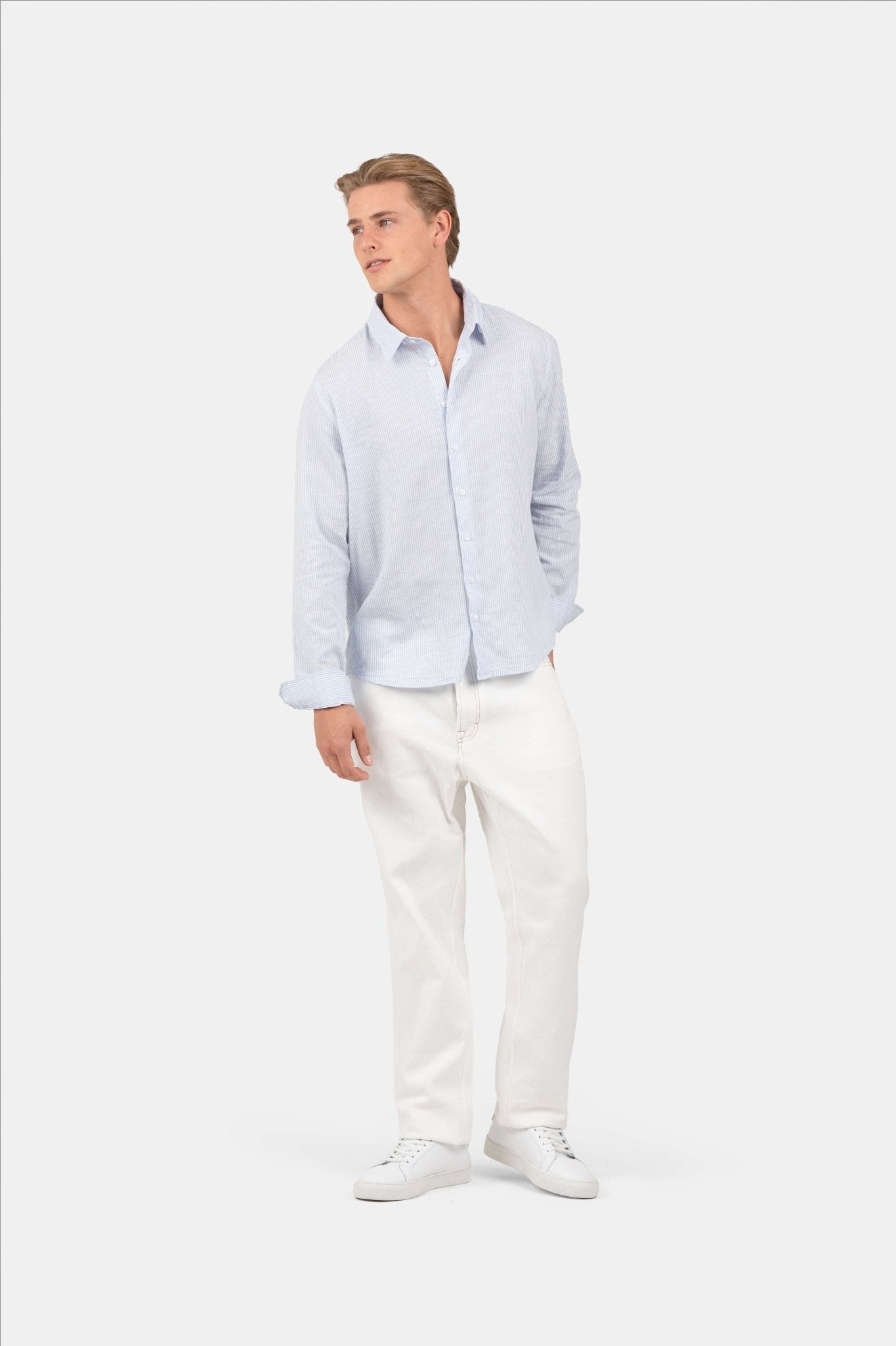 Langærmet Hørskjorte Lyseblå Stribet |  Skagen-clothing.dk