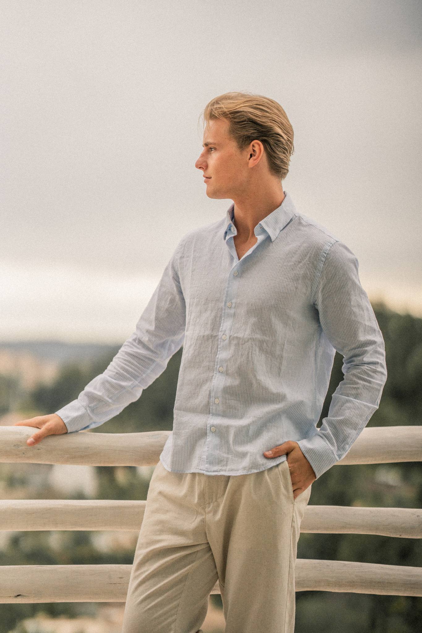 Langærmet Hørskjorte Lyseblå Stribet |  Skagen-clothing.dk