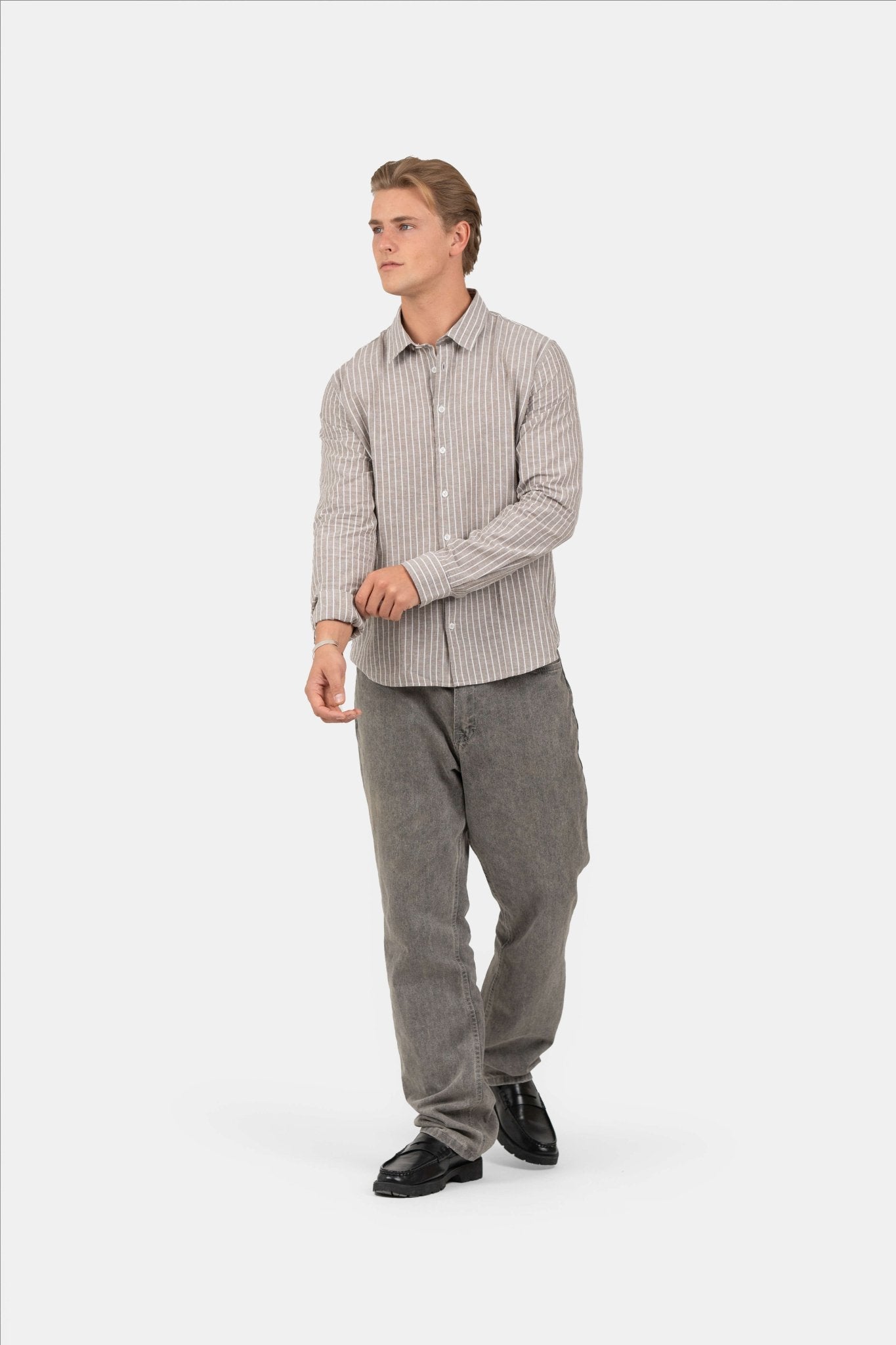 Langærmet Hørskjorte Mokka Stribet |  Skagen-clothing.dk