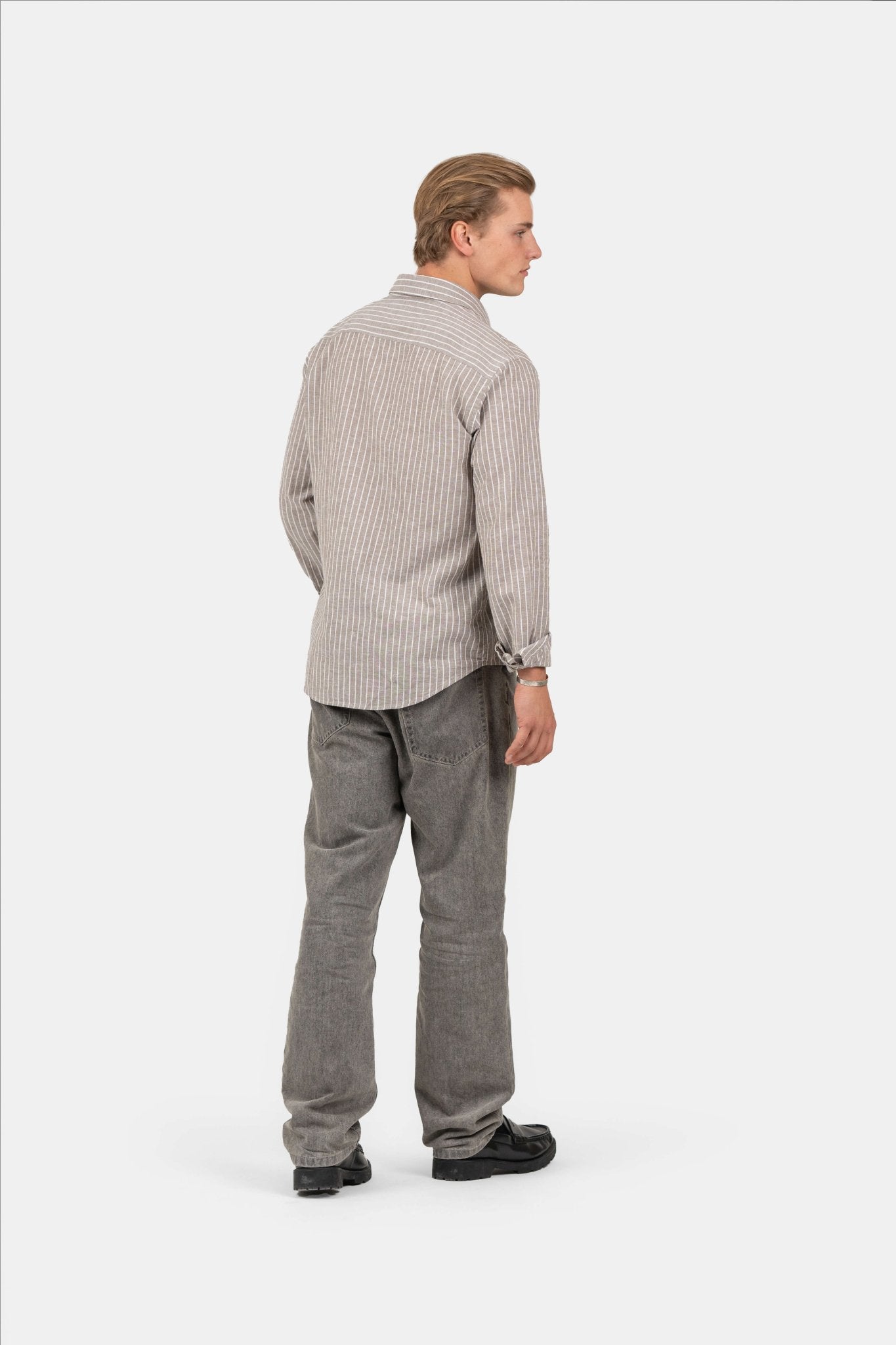 Langærmet Hørskjorte Mokka Stribet |  Skagen-clothing.dk