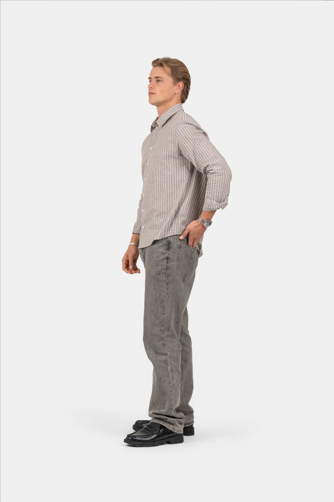 Langærmet Hørskjorte Mokka Stribet |  Skagen-clothing.dk