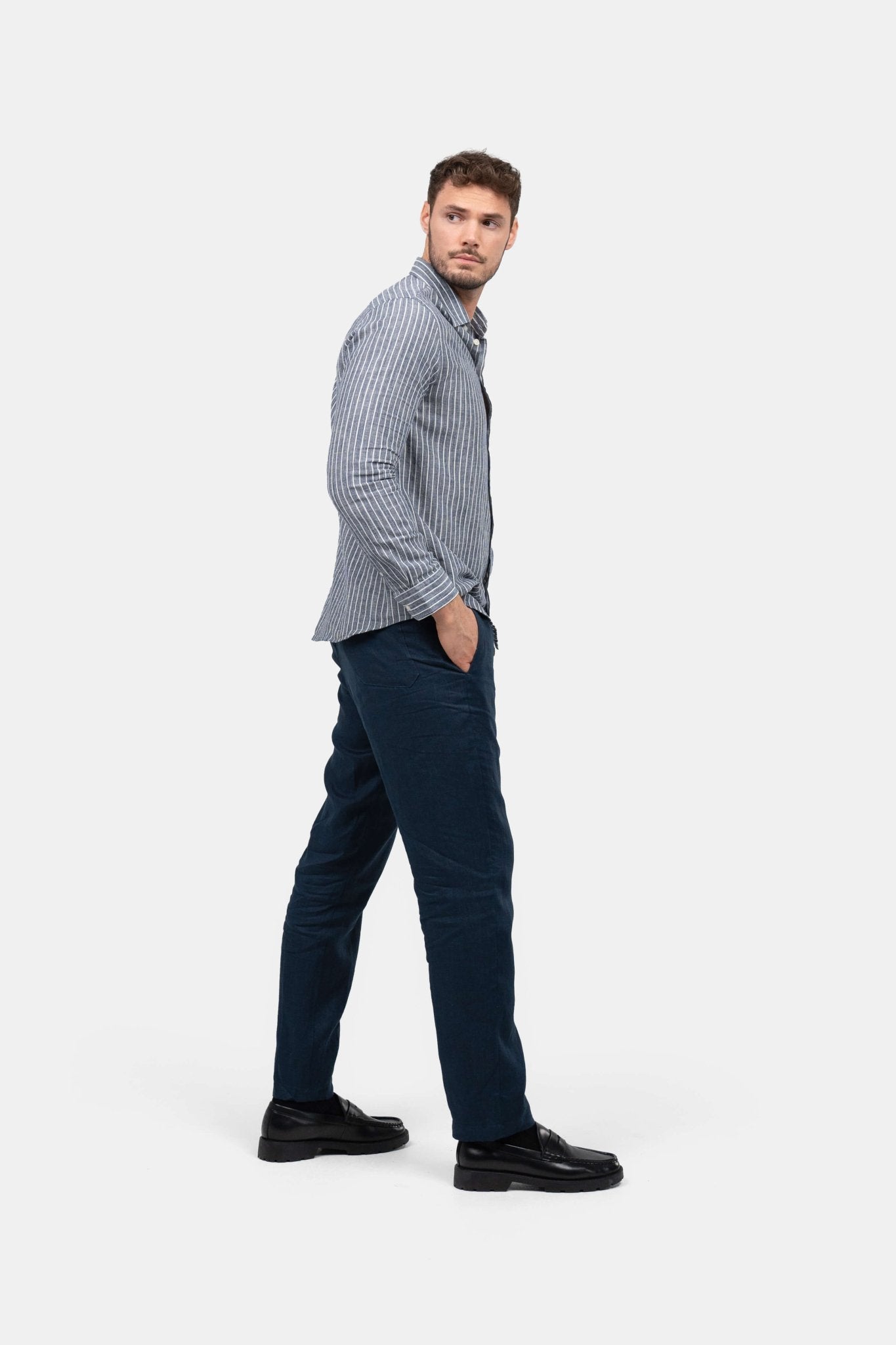 Langærmet Hørskjorte Navy Stribet |  Skagen-clothing.dk