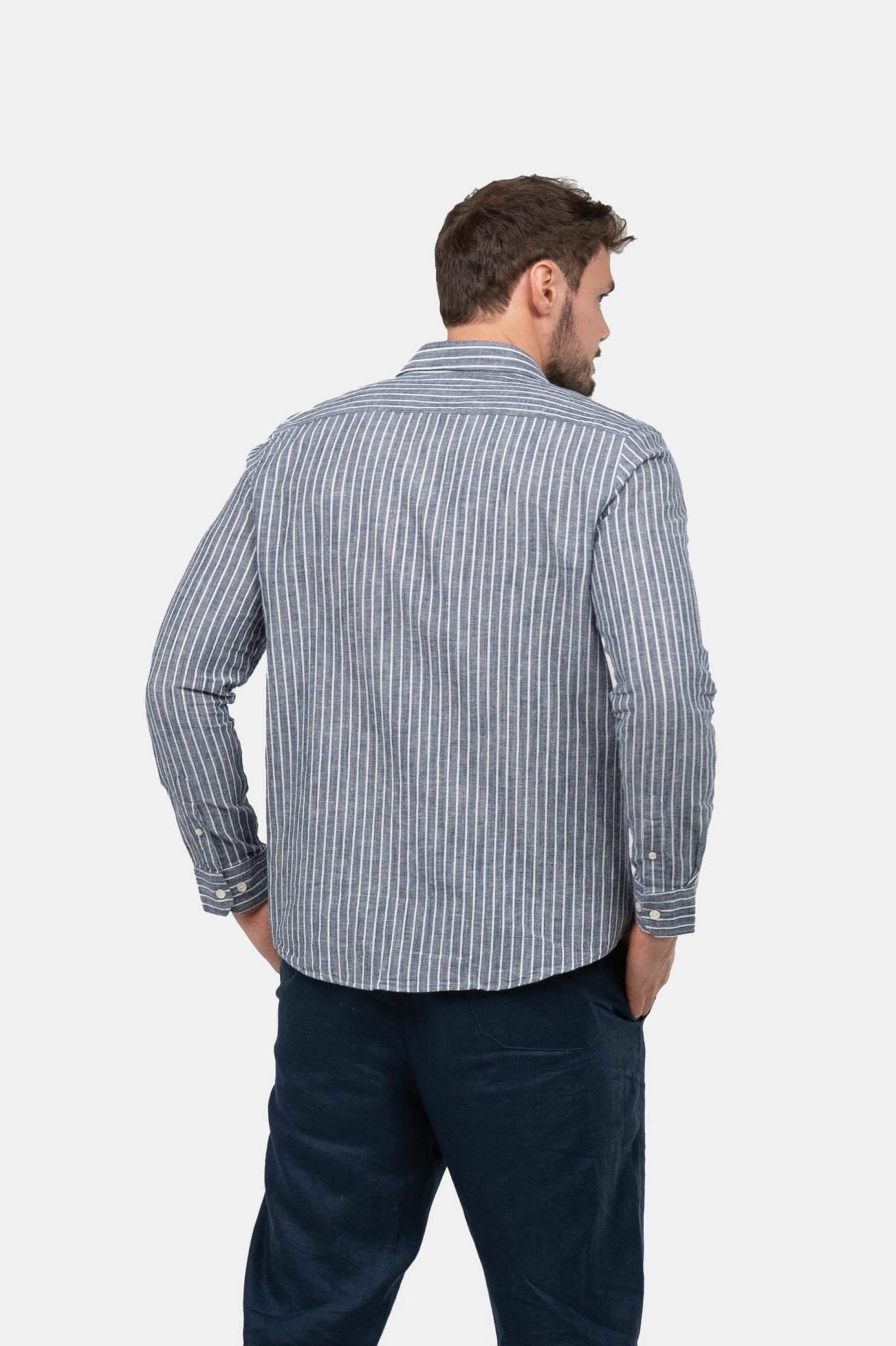 Langærmet Hørskjorte Navy Stribet |  Skagen-clothing.dk