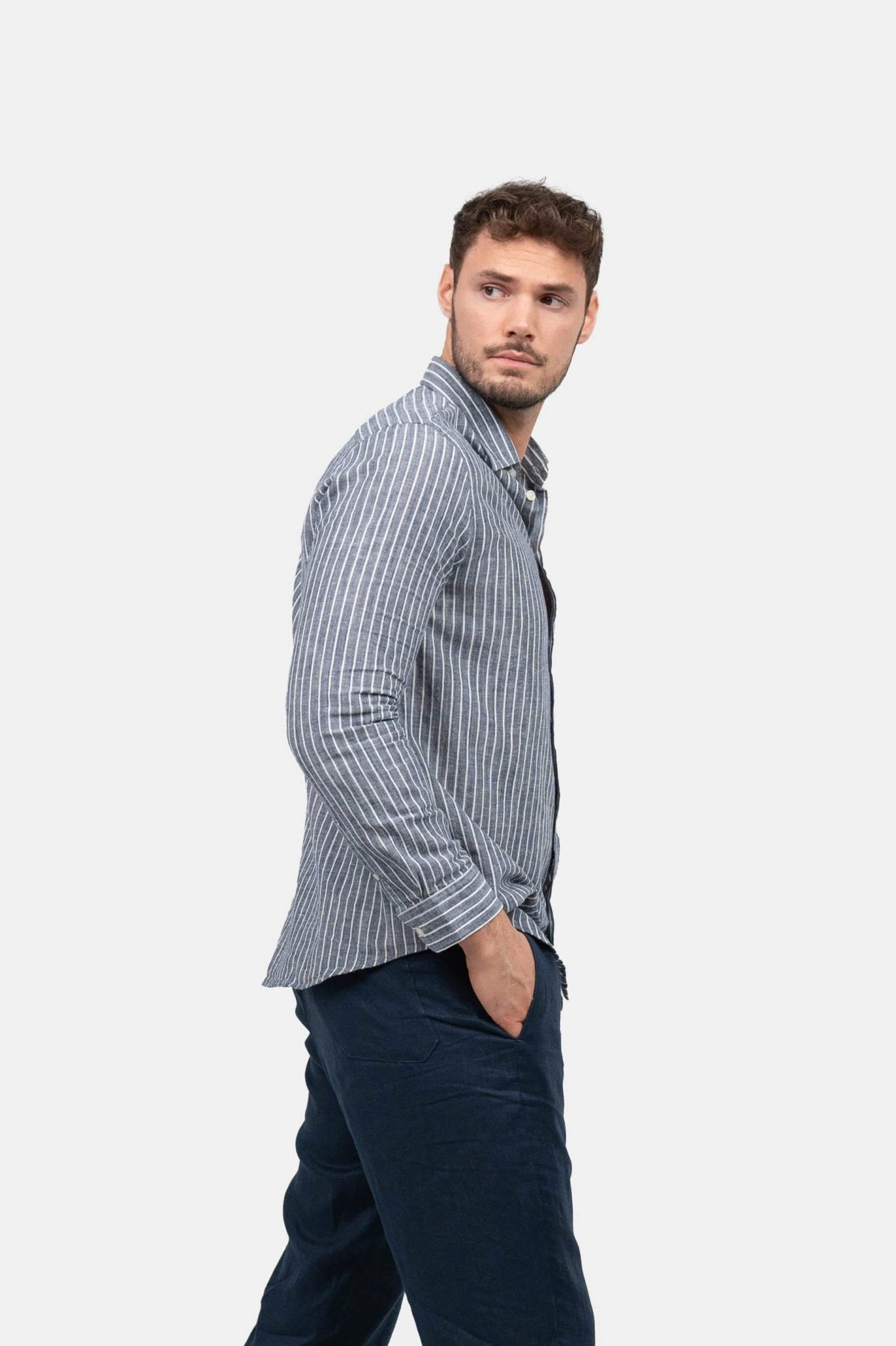 Langærmet Hørskjorte Navy Stribet |  Skagen-clothing.dk